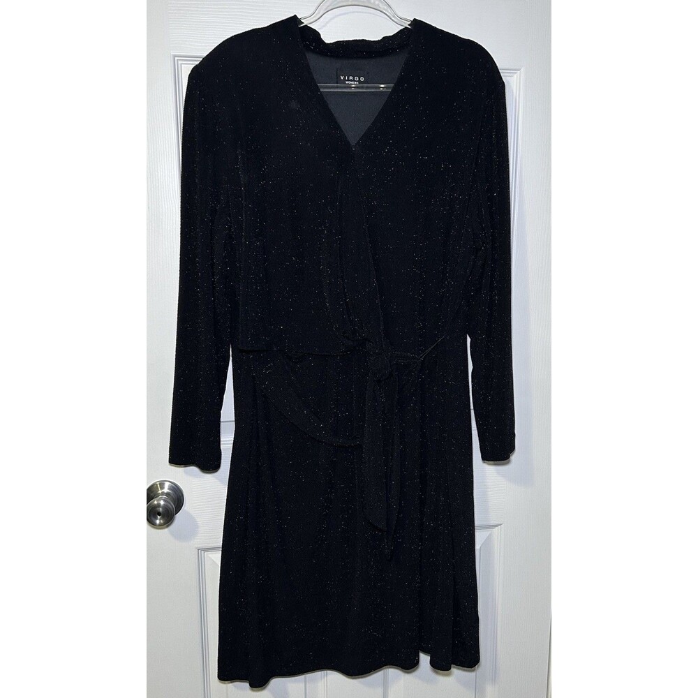 Virgo Women’s Long Sleeve Belted Wrap Dress Sparkle Black Size XL